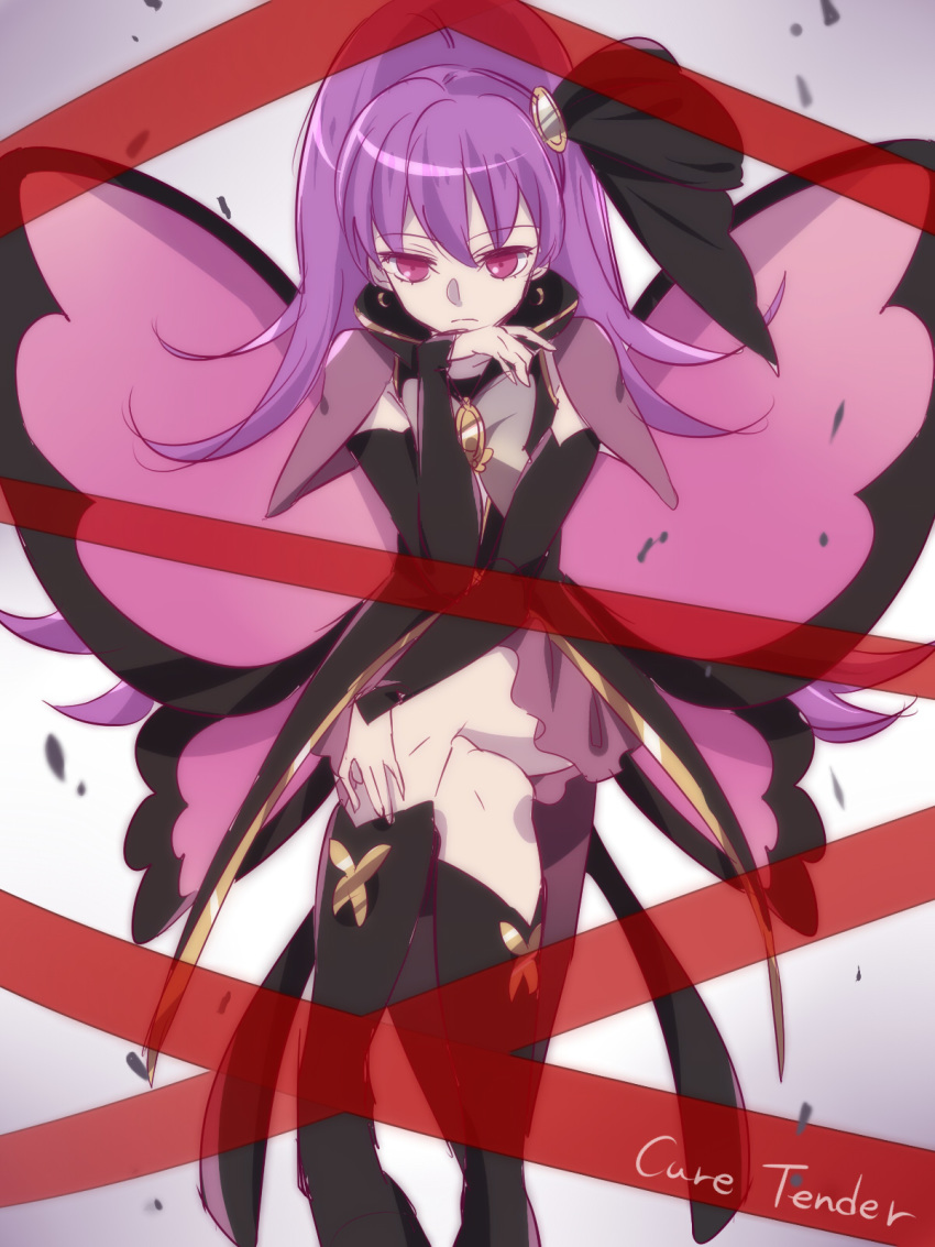 1girl, bangs, black_footwear, black_sleeves, boots, butterfly_wings, closed_mouth, crossed_legs