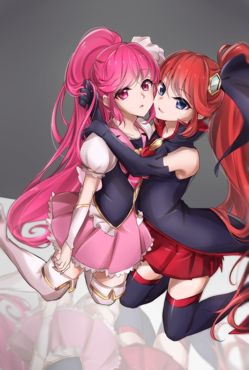 2girls, :d, bangs, black_gloves, black_legwear, black_vest, blue_eyes, boots
