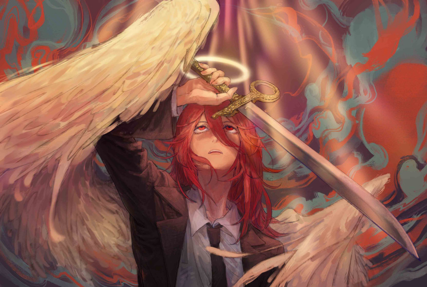 1girl, absurdres, black_suit, chainsaw_man, collared_shirt, feathered_wings, hair_between_eyes, highres, looking_at_viewer, makima_(chainsaw_man), mingyue_0, necktie, red_eyes, redhead, ringed_eyes, shirt, solo, standing, white_shirt, wings