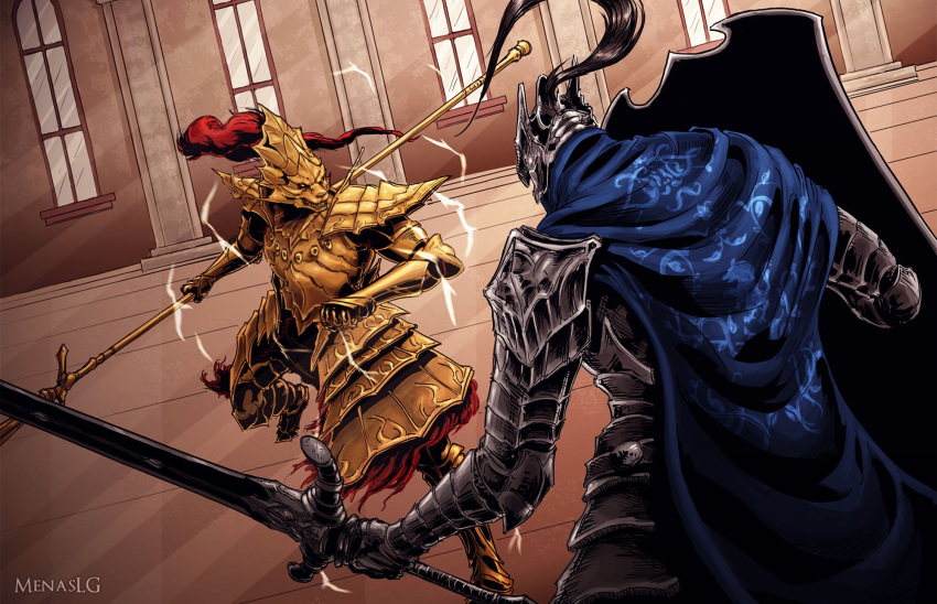 2boys, armor, armored_boots, artist_name, artorias_the_abysswalker, battle, blue_cape, boots