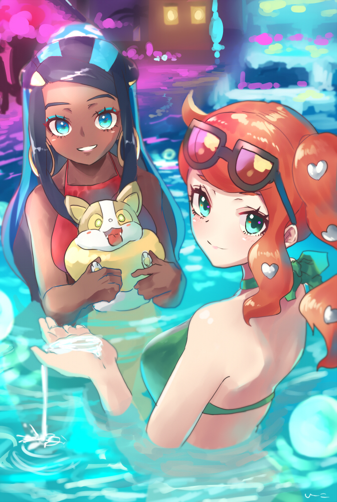 2girls, aqua_eyes, bare_arms, bare_back, bikini, blue_eyes, blurry, blurry_background