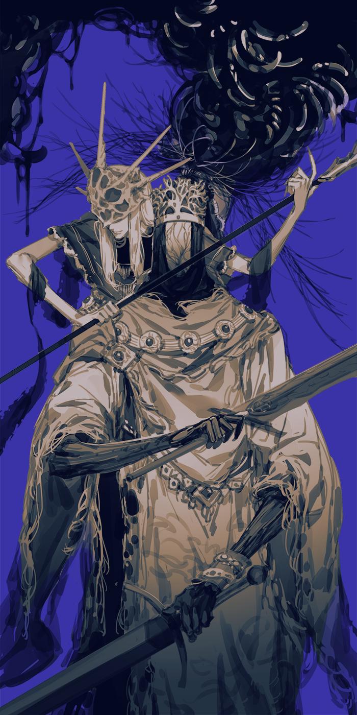 2boys, aldrich_devourer_of_gods, black_robe, bracelet, closed_mouth, crown, dark_souls_iii, dual_wielding