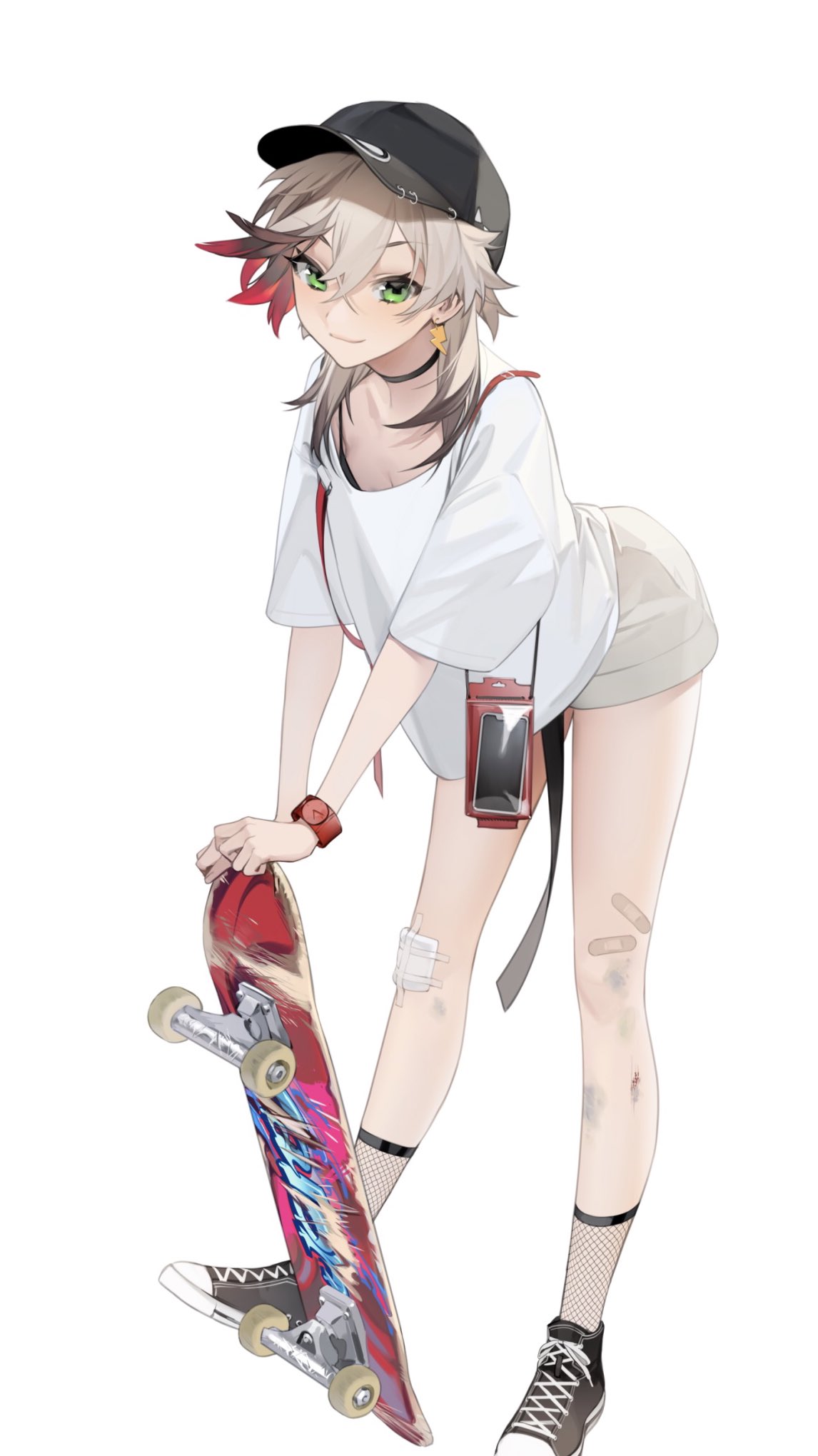 1girl, bandaid, breasts, clock, deep_wound, earrings, full_body, green_eyes