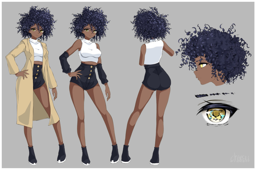 1girl, afro, ass, bare_legs, black_shorts, border, breasts, buttons