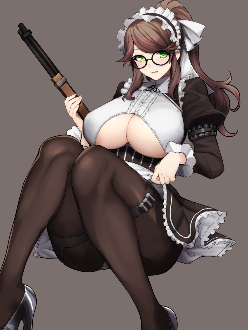 1girl, absurdres, black-framed_eyewear, black_dress, black_legwear, blush, breasts, brown_hair