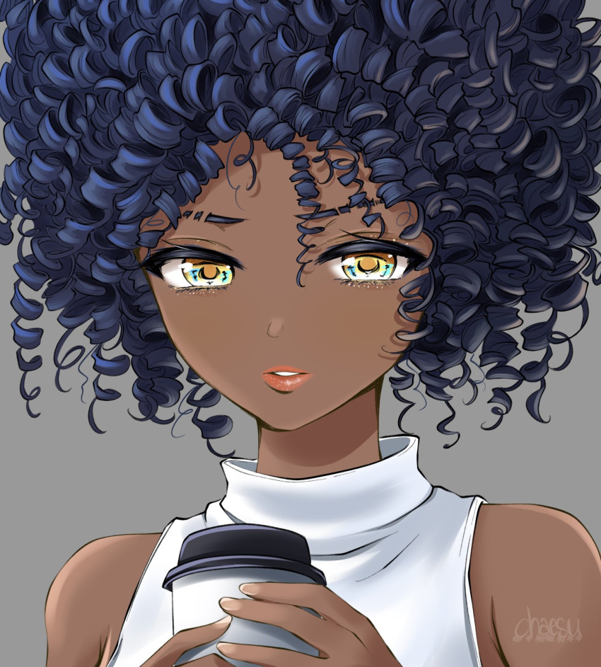 1girl, afro, black_hair, chaesu, close-up, coffee_cup, commentary, cup