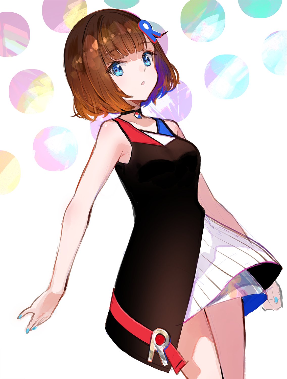 1girl, bare_arms, bare_shoulders, black_dress, blue_eyes, breasts, brown_hair, choker
