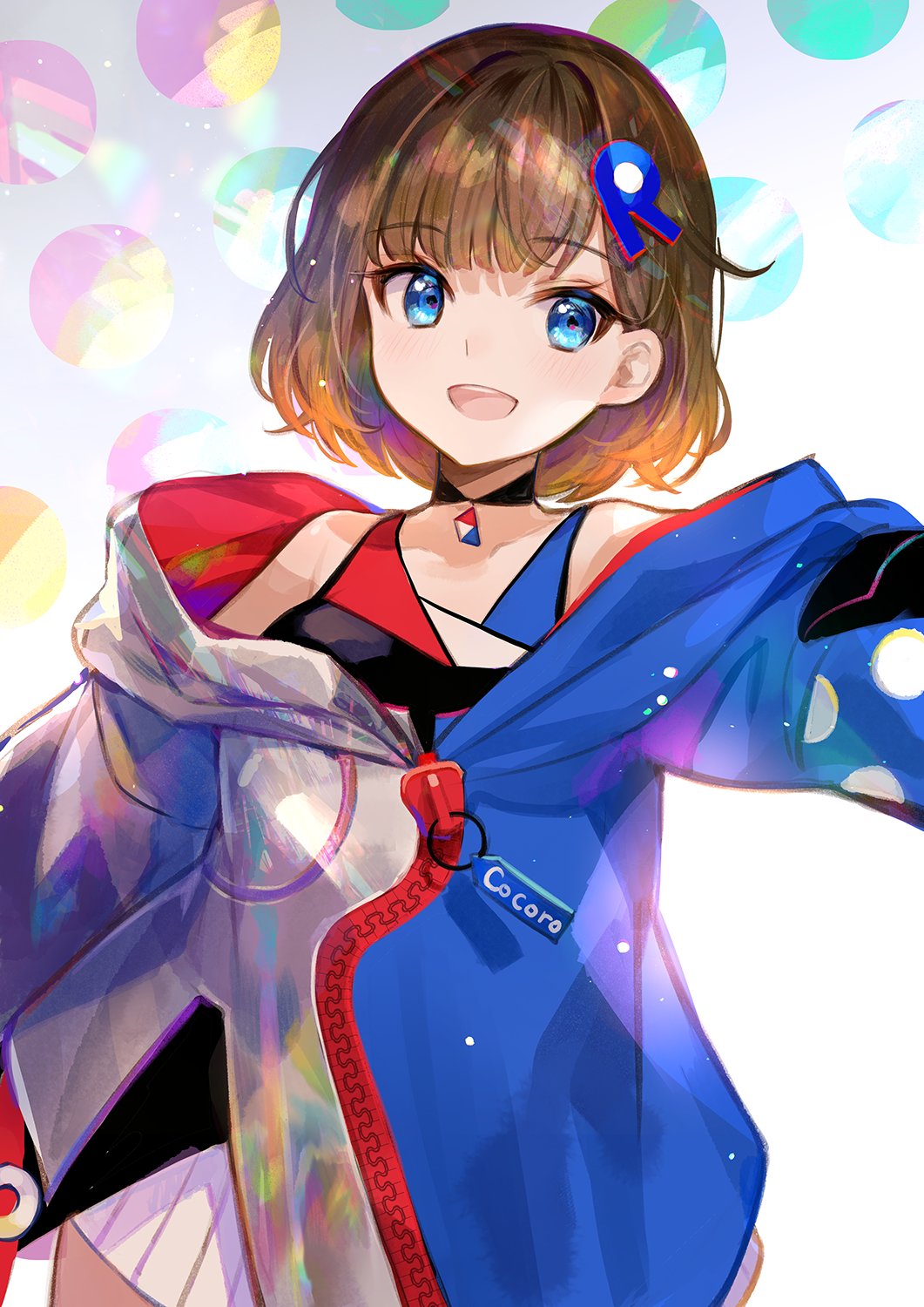 1girl, :d, bare_shoulders, blue_eyes, brown_hair, choker, cowboy_shot, dress