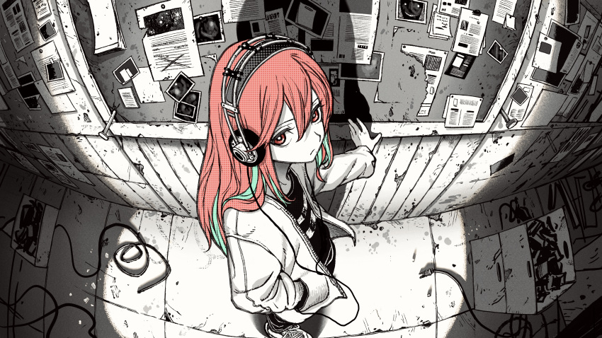 1girl, absurdres, fisheye, from_above, hand_in_pocket, headphones, highres, hood