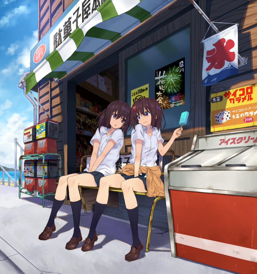 2girls, :o, brown_eyes, brown_hair, clothes_around_waist, dice, dress_shirt, fireworks, gashapon_machine, hair_ornament, highres, holding, kneehighs, loafers, multiple_girls, nakama_daichi, navy_blue_legwear, original, school_uniform, shirt, shoes, shop, short_hair, siblings, sisters, sitting, skirt, sweater, sweater_around_waist, thighs, uniform, x_hair_ornament