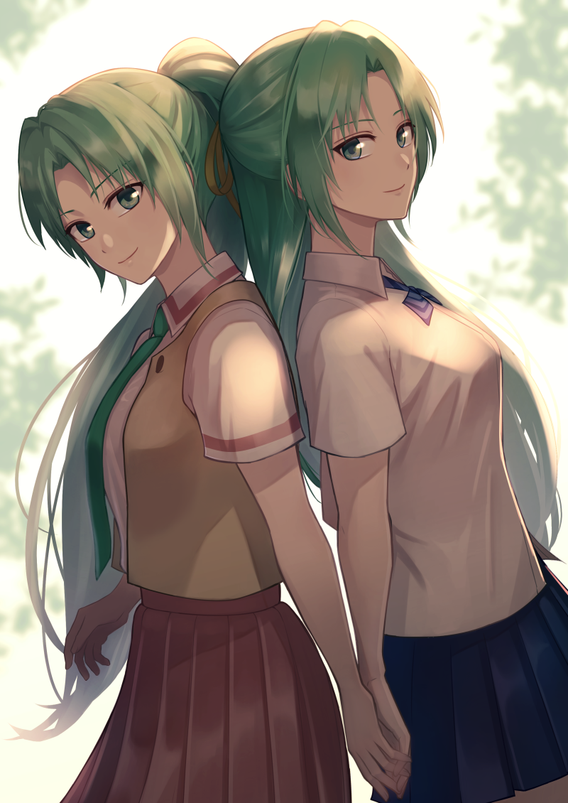2girls, green_eyes, green_hair, hair_ribbon, half_updo, higurashi_no_naku_koro_ni, long_hair, looking_at_viewer