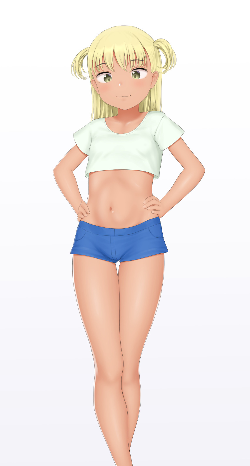 1girl, absurdres, blonde_hair, blue_shorts, hands_on_hips, highres, midriff, navel