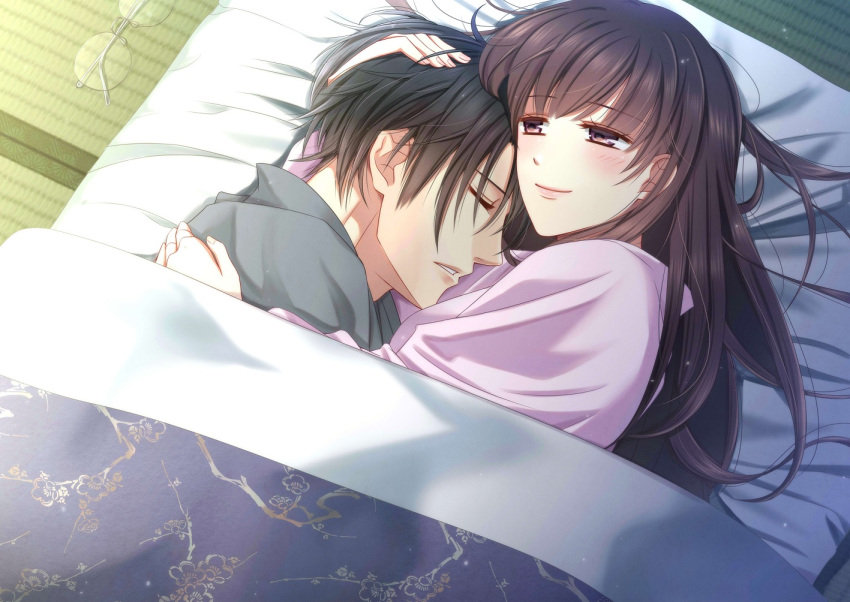 1boy, 1girl, bed_sheet, black_hair, brown_eyes, closed_eyes, eyewear_removed, from_above