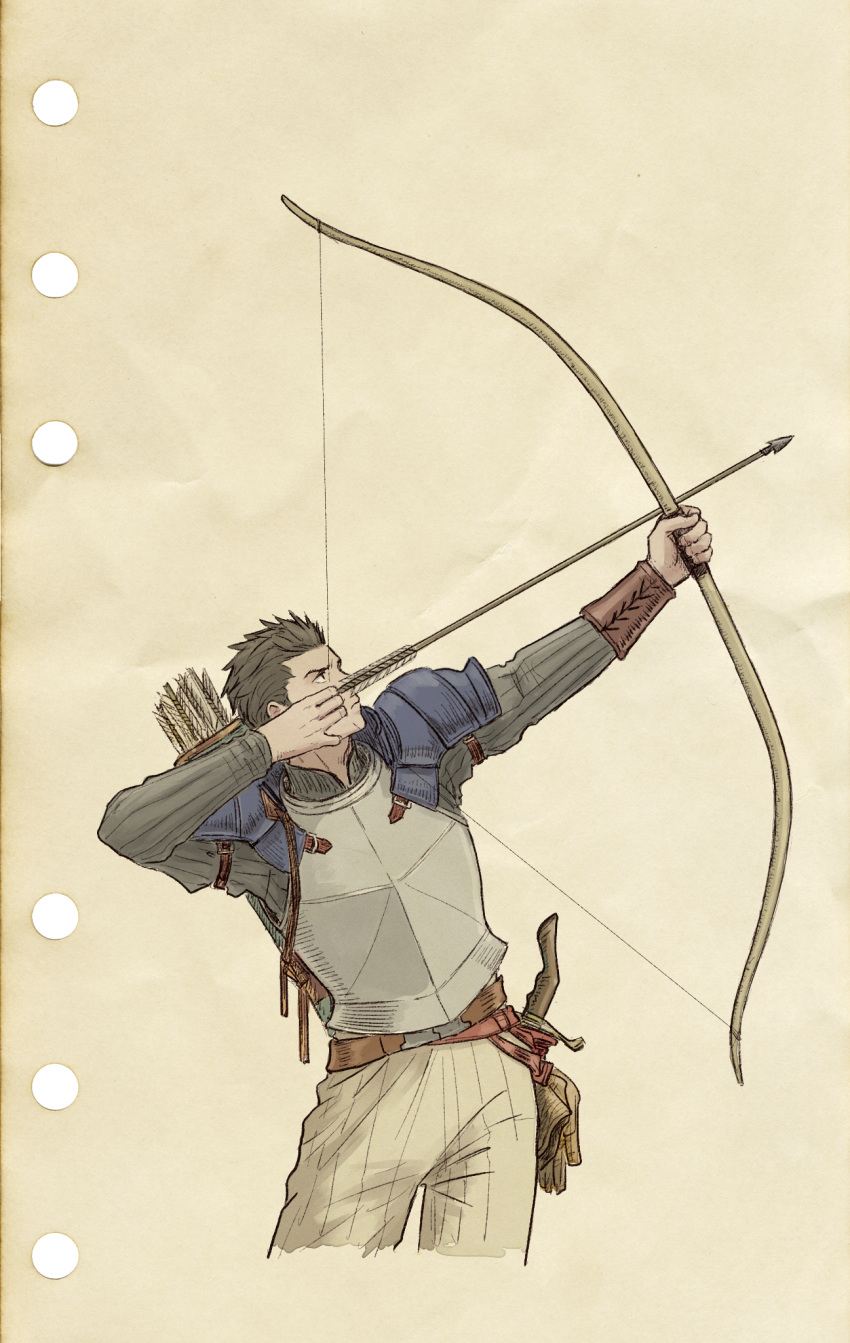 1boy, armor, arror, belt, bow_(weapon), bracer, breastplate, brown_gloves