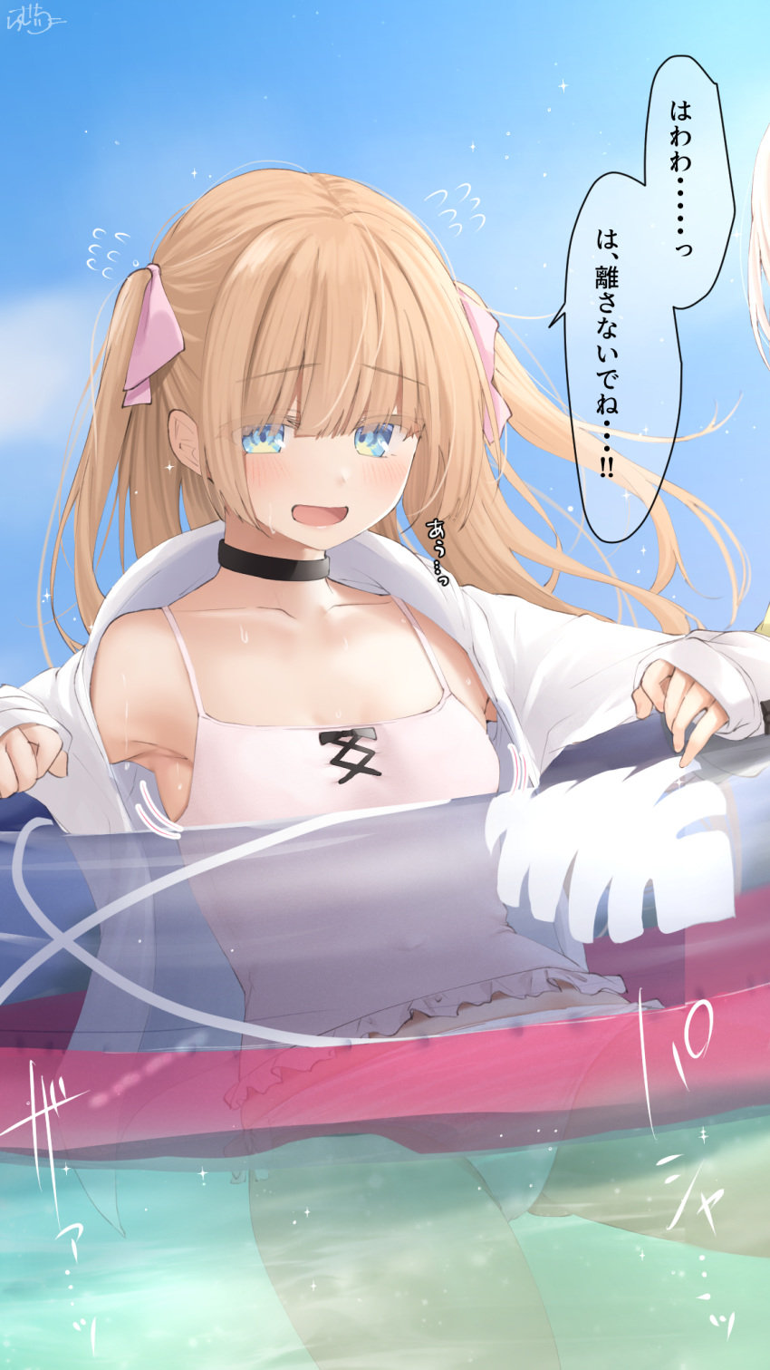 2girls, bangs, bare_shoulders, blue_eyes, blush, bow, breasts, brown_hair