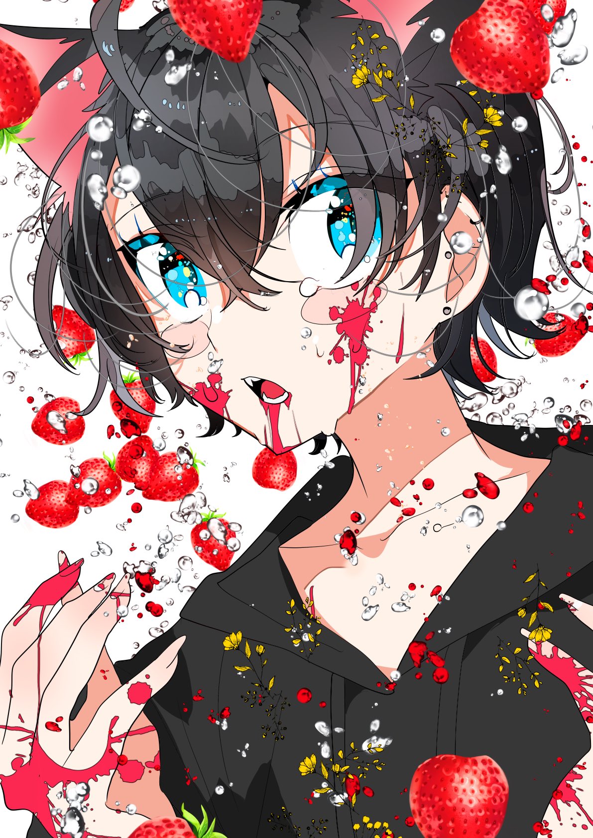 1girl, air_bubble, animal_ears, black_hair, black_hoodie, blue_eyes, blush, bubble