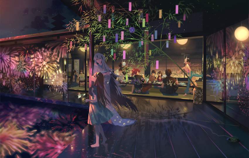 5girls, 6+boys, ahoge, akechi_mitsuhide_(fate/grand_order), alcohol, alternate_costume, architecture, bamboo