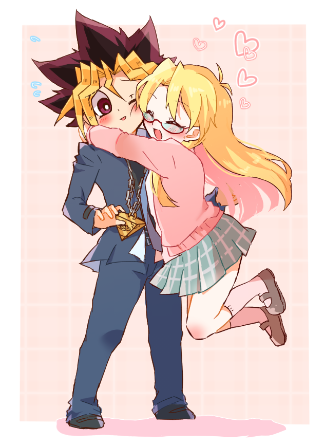 1boy, 1girl, blonde_hair, blush, closed_eyes, full_body, glasses, heart