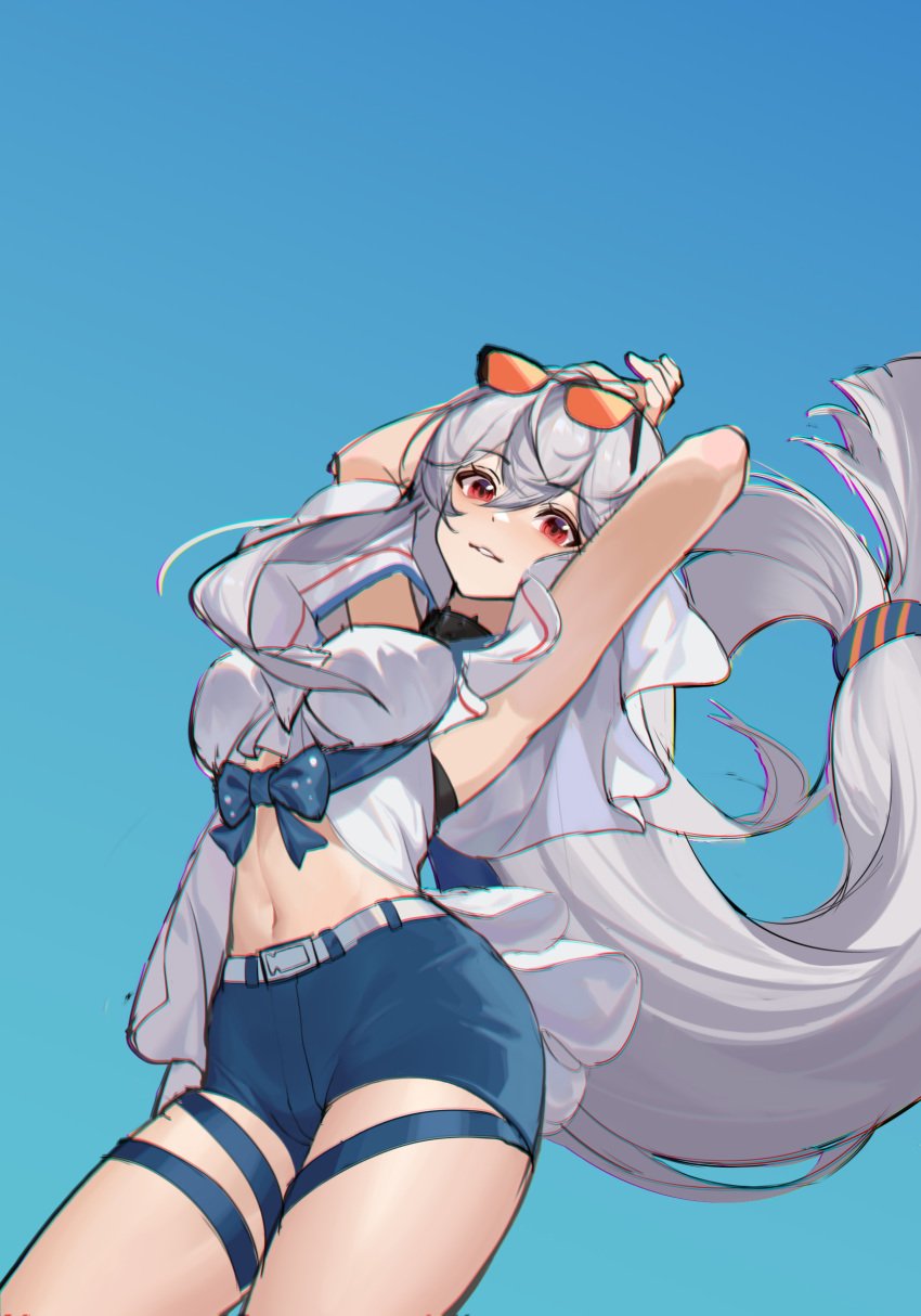 1girl, arknights, armpits, arms_up, bangs, blue_background, blue_shorts, breasts