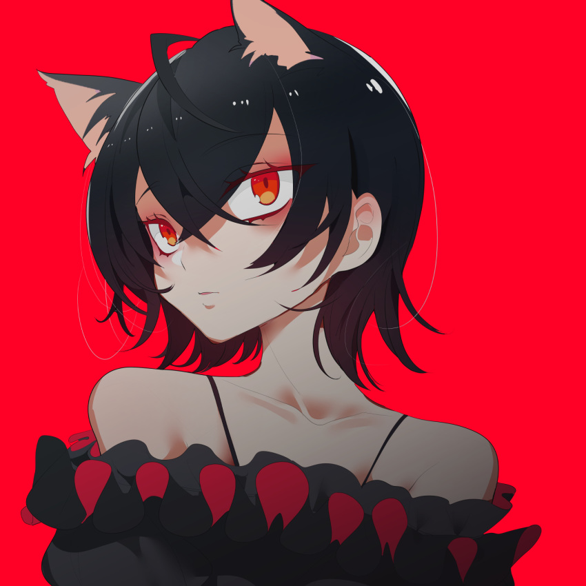 1boy, animal_ears, bare_shoulders, black_hair, cat_boy, cat_ears, collarbone, eyebrows_visible_through_hair