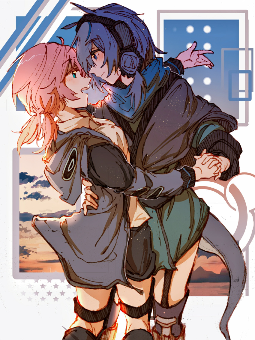 2girls, arknights, blue_eyes, blue_hair, blue_hoodie, blue_poison_(arknights), blush, chinese_commentary