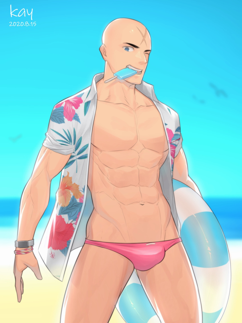 1boy, abs, alternate_costume, bald, blue_eyes, bulge, chest, cross_scar