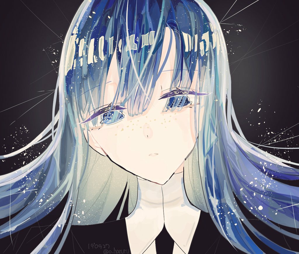 1other, bangs, blue_eyes, blue_hair, crystal_hair, eyebrows_visible_through_hair, freckles, gem_uniform_(houseki_no_kuni)