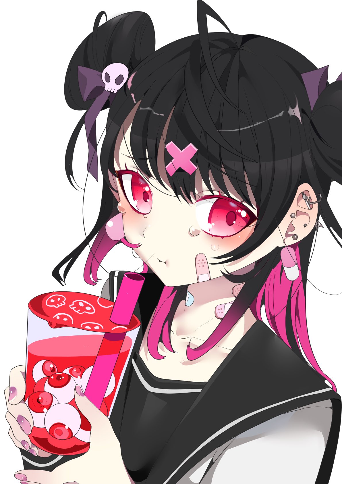 1girl, bandaid, bandaid_on_face, bandaid_on_neck, black_hair, closed_mouth, cup, double_bun