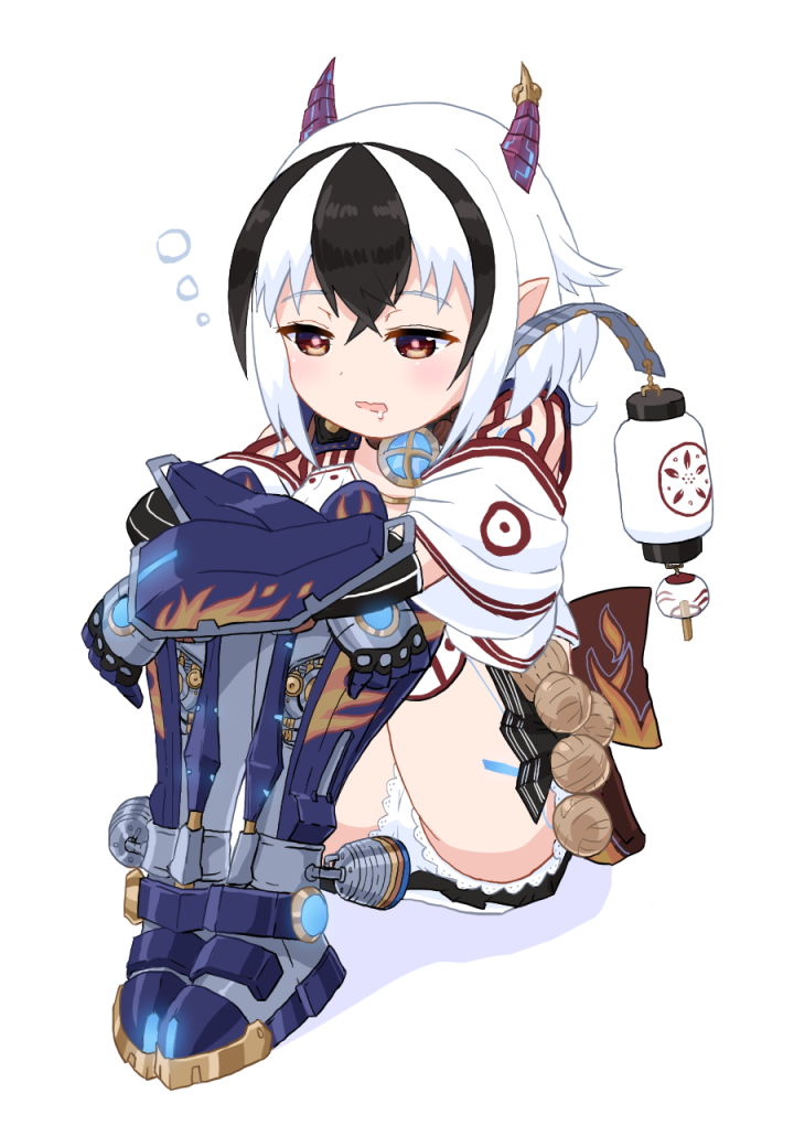 half-closed_eyes, hibana_(xenoblade_2), horns, mechanical_boots, mechanical_gloves, multicolored_hair, paskmel, short_hair