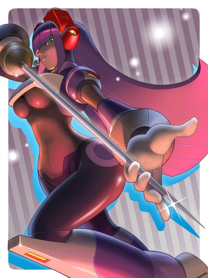 1girl, android, bangs, blunt_bangs, breasts, capcom, commentary_request, dark_skin
