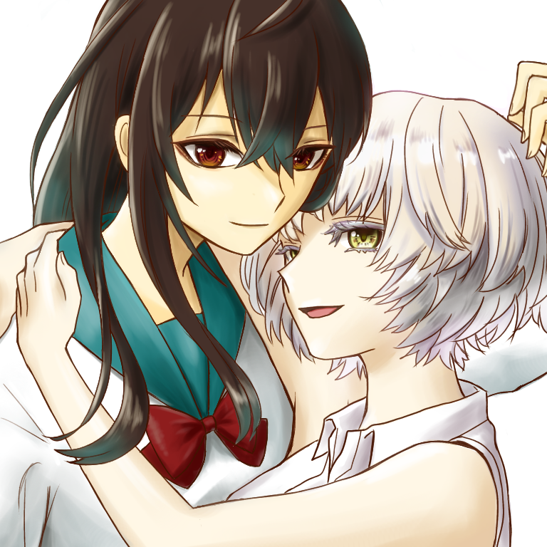 2girls, act-age, ahoge, arms_around_neck, bangs, black_hair, brown_eyes, commentary_request