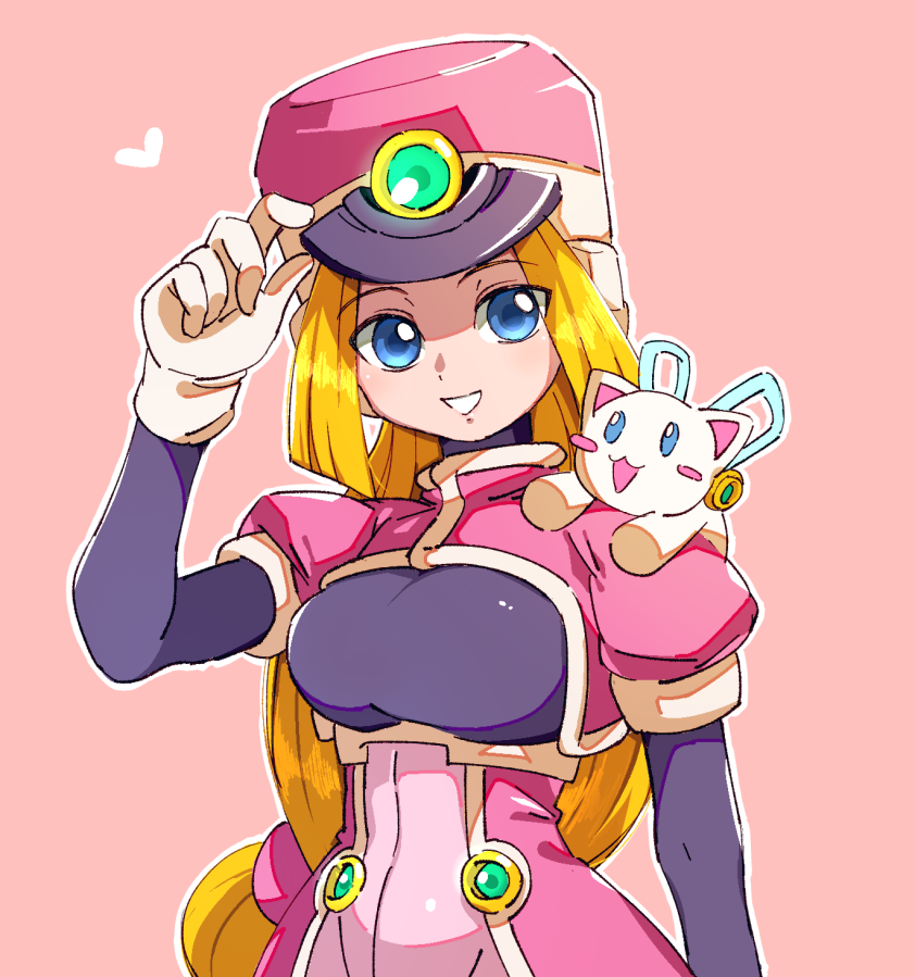 1girl, android, bangs, blonde_hair, blue_eyes, breasts, capcom, cat, gloves, hat, long_hair, prairie, puffy_sleeves, rockman, rockman_zx, sakuraba_(kirsche_x), shako_cap, simple_background, smile, solo