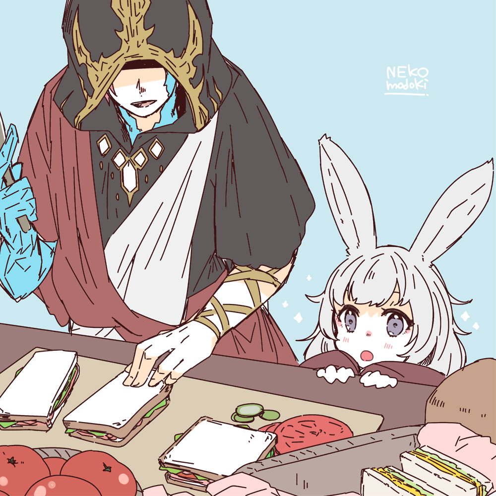 1boy, 1girl, animal_ears, artist_name, awestruck, basket, blue_background, blush