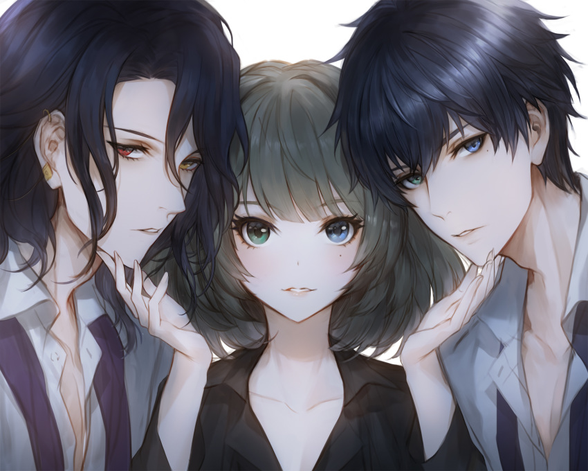 1girl, 2boys, big_eye, black_hair, blue_eyes, blush, collarbone, danhu, ear_piercing, earrings, eyebrows_visible_through_hair, fingernails, green_eyes, green_hair, heterochromia, highres, idolmaster, idolmaster_cinderella_girls, idolmaster_side-m, jewelry, mole, mole_under_eye, multiple_boys, parted_lips, piercing, red_eyes, simple_background, upper_body, white_background, yellow_eyes