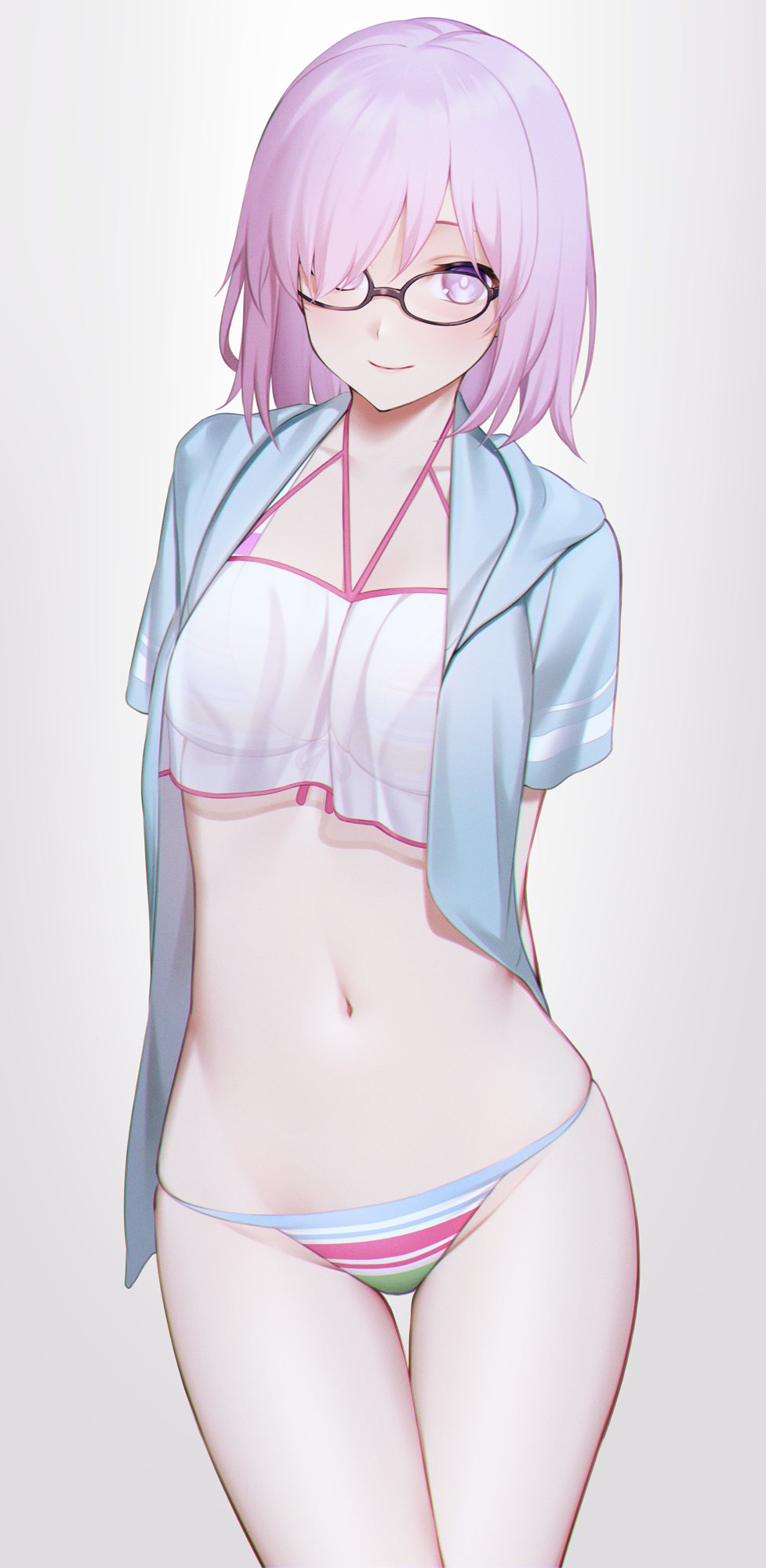 1girl, arms_behind_back, bikini, bikini_top, blue_jacket, closed_mouth, collarbone, commentary_request