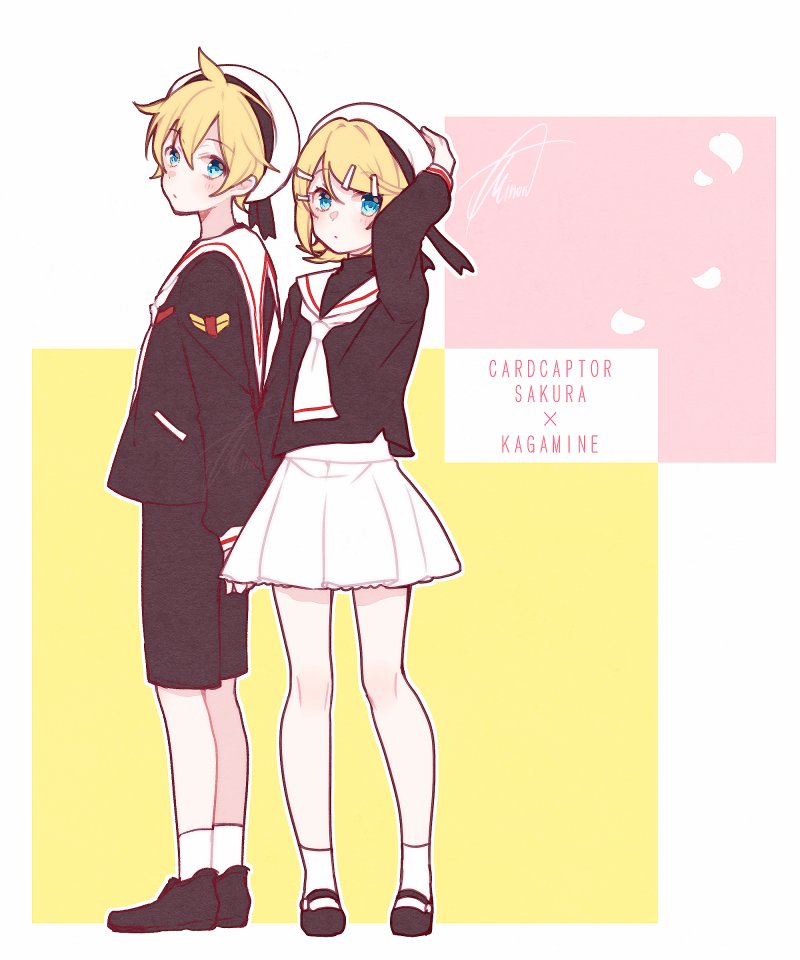 1boy, 1girl, asagao_minoru, bangs, beret, black_shirt, black_shorts, blonde_hair