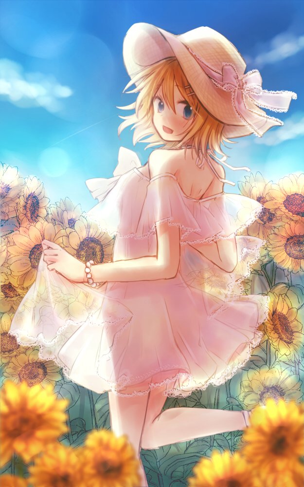 1girl, blonde_hair, blue_eyes, blue_sky, bracelet, commentary, day, dress, field, flower, flower_field, frilled_dress, frilled_ribbon, frills, from_behind, haine_koko, hair_ornament, hairclip, halter_dress, hat, hat_ribbon, jewelry, kagamine_rin, leg_up, looking_at_viewer, looking_back, open_mouth, outdoors, ribbon, short_hair, skirt_hold, sky, smile, solo, standing, sun_hat, sundress, sunflower, vocaloid, white_dress