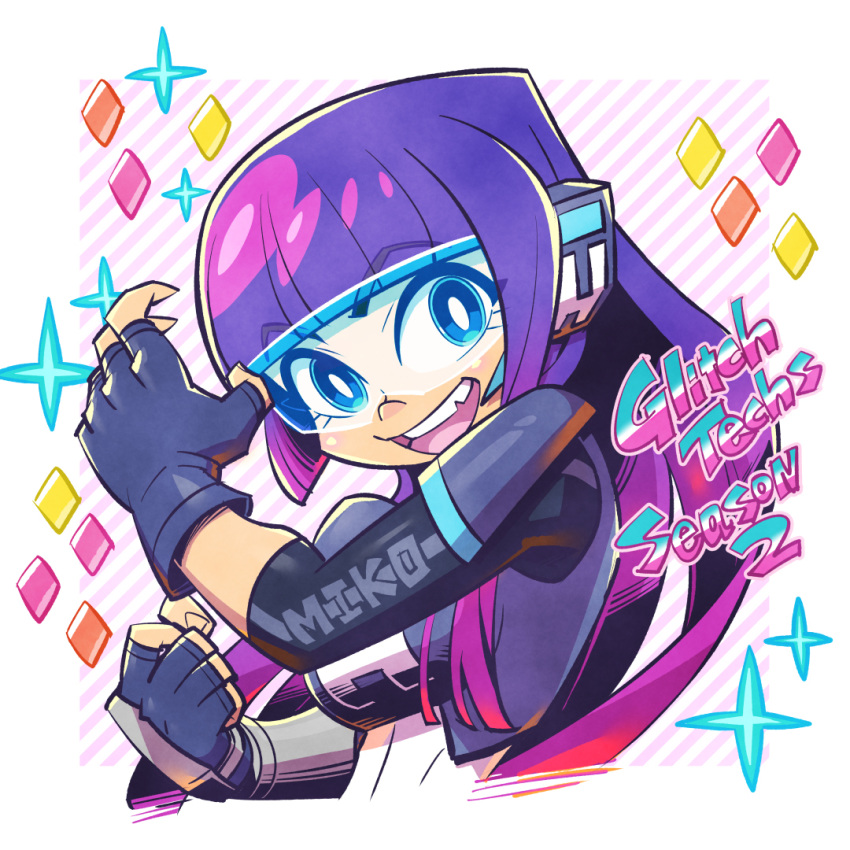 1girl, bangs, fingerless_gloves, glitch_techs, gloves, head_mounted_display, miko_kubota, pink_hair, purple_hair, smile, solo, sunafuki_tabito, upper_body, visor