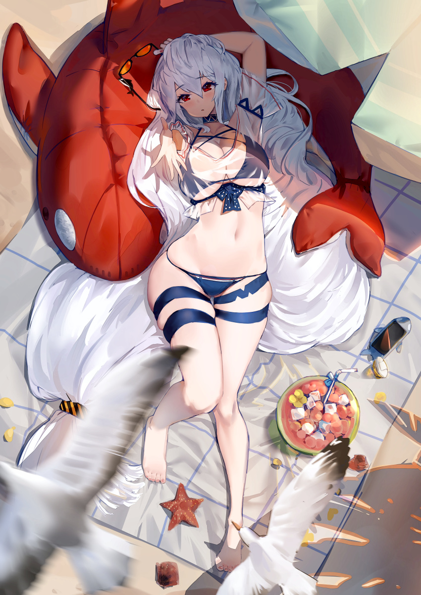 1girl, absurdres, arknights, arm_up, bangs, bare_legs, barefoot, beach_towel