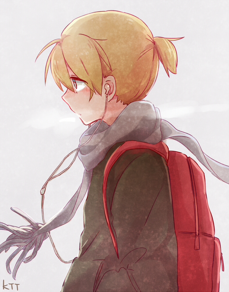 1boy, bag, black_jacket, blonde_hair, cable, commentary, earphones, from_side