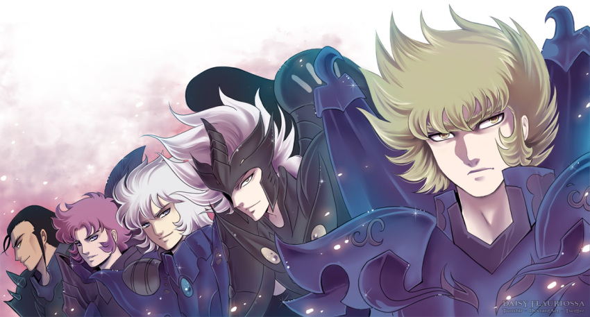 5boys, alraune_queen, armor, basilisk_sylphid, black_armor, black_hair, blonde_hair, daisy_flauriossa, harpy_valentine, helmet, long_hair, looking_to_the_side, male, minotauros_gordon, pink_hair, purple_armor, saint_seiya, shining_armor, unibrow, white_hair, wings, wyvern_radamanthys