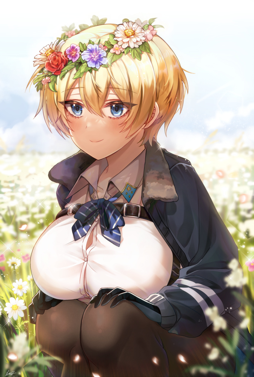 1girl, bangs, black_gloves, black_jacket, black_legwear, blonde_hair, blue_eyes, blue_neckwear, blue_skirt, blue_sky, blurry, blush, breasts, button_gap, collarbone, collared_shirt, cowboy_shot, day, depth_of_field, eyebrows_visible_through_hair, field, flower, flower_field, girls_frontline, gloves, hair_between_eyes, hair_ornament, hands_on_own_knees, head_wreath, highres, jacket, large_breasts, long_sleeves, looking_to_the_side, mole, mole_under_eye, neck_ribbon, nelf, outdoors, pantyhose, ribbon, shirt, shirt_tucked_in, short_hair, sidelocks, signature, skirt, sky, smile, snap-fit_buckle, snowflake_hair_ornament, solo_focus, sparkle, squatting, vsk-94_(girls_frontline), white_flower, white_shirt