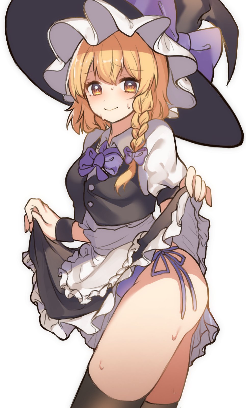 1girl, black_headwear, black_legwear, black_skirt, black_vest, blonde_hair, blue_bow, blue_neckwear