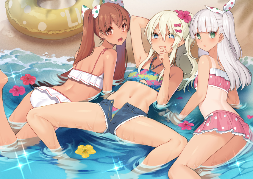 3girls, ass, bangs, beach, bikini, blonde_hair, blue_bikini, blue_eyes