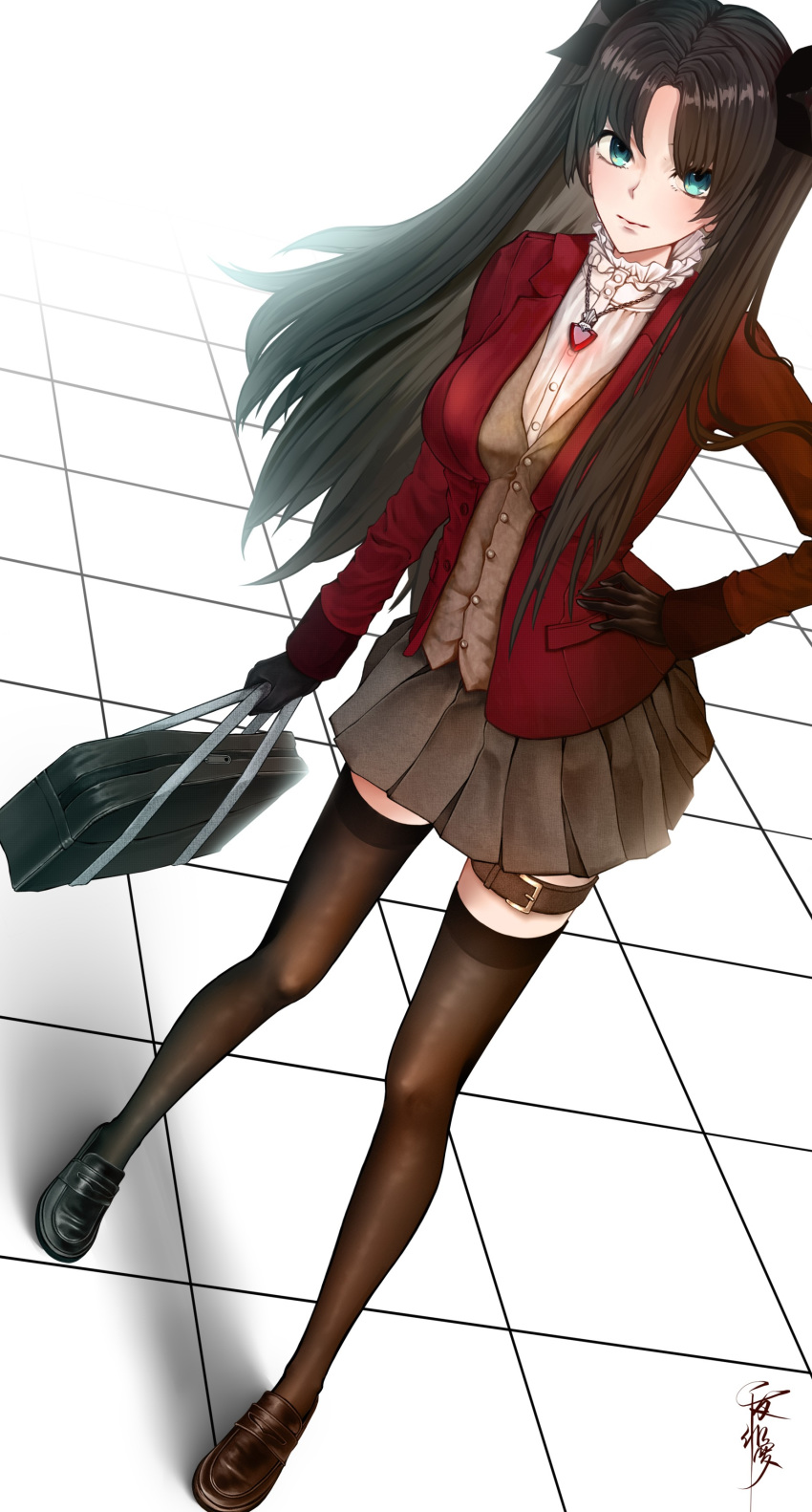 1girl, absurdres, alternate_costume, bag, belt_buckle, black_footwear, black_legwear, black_ribbon