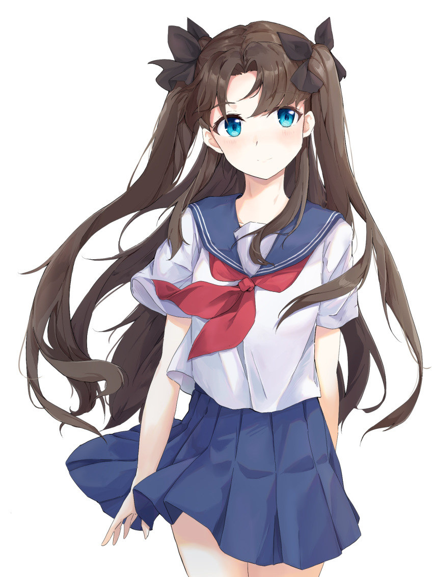 1girl, alternate_costume, arm_behind_back, black_ribbon, blue_eyes, blush, brown_hair, cowboy_shot