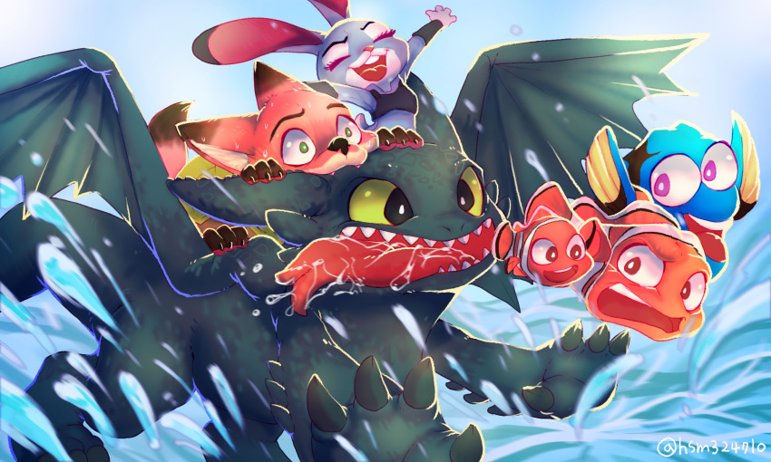 2girls, 4boys, :d, achakoora, animal_ears, body_armor, closed_eyes, collared_shirt, crossover, disney, dory_(finding_nemo), dragon, dragon_riding, dragon_wings, dreamworks, finding_nemo, fox, fox_ears, fox_tail, furry, green_eyes, highres, how_to_train_your_dragon, judy_hopps, long_sleeves, marlin, multiple_boys, multiple_girls, necktie, nemo_(finding_nemo), nick_wilde, ocean, open_mouth, pants, pixar, police, police_uniform, policewoman, rabbit, rabbit_ears, shirt, sitting, smile, tail, tongue, tongue_out, toothless, tropical_fish, uniform, wings, zootopia
