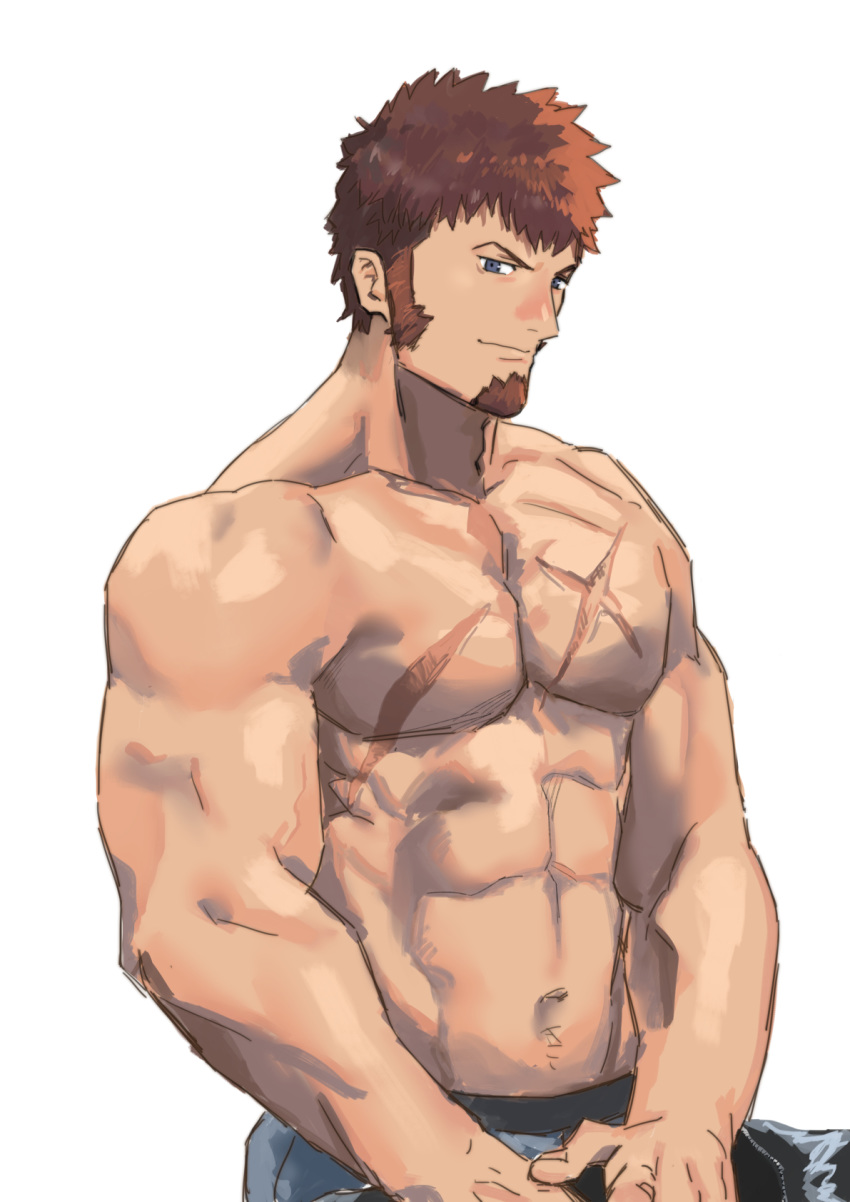 1boy, abs, alternate_hairstyle, bara, beard, blue_eyes, brown_hair, chest