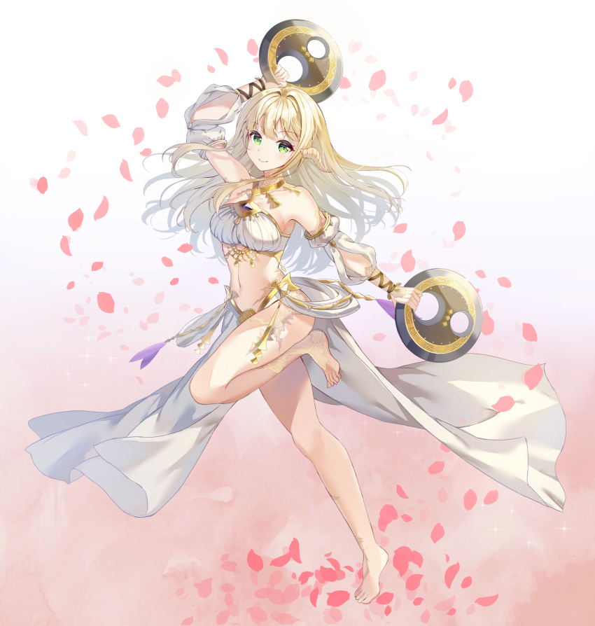1girl, au_ra, barefoot, bracelet, breasts, circlet, dancer, dragon_horns