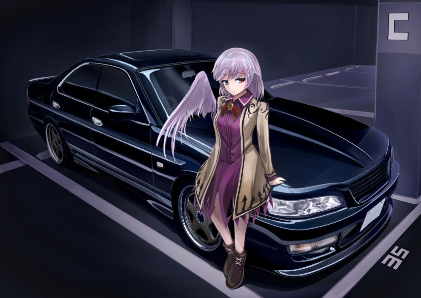 1girl, 3books, absurdres, bangs, car, commentary, eyebrows_visible_through_hair, ground_vehicle